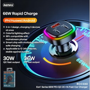 REMAX RCC330 Earl Series RGB Colorful Lighting 66W PD+QC Fast Car Charger (1USB / 2Type C Charging Ports )