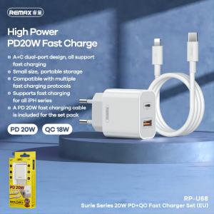 REMAX RP-U68 (1C1A charger+cable)-REMAX Surie 20W PD+QC Fast Charger Set RP-U68 (1C1A charger+cable) EU-white