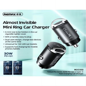 REMAX RCC332-Tanya Pro Series 30W PD+QC 2Type-C Fast Charging Car Charger RCC332